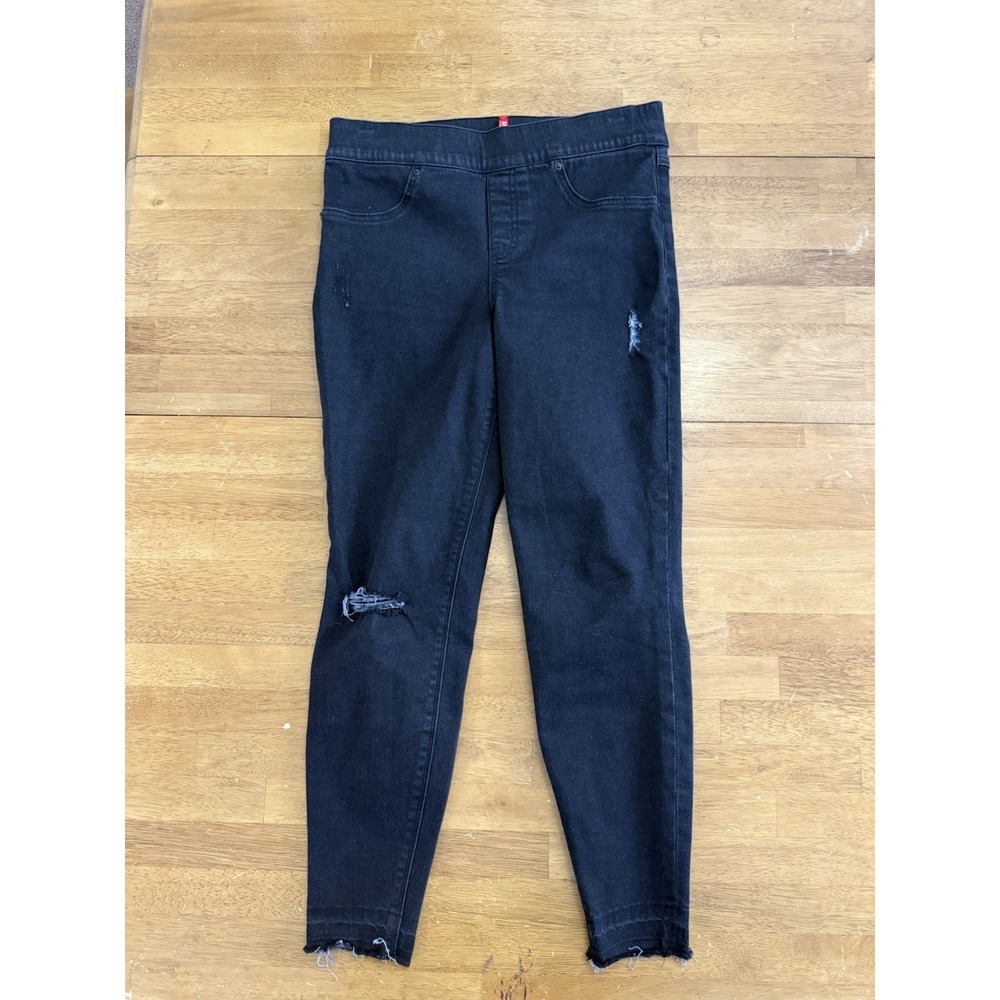 Spanx Straight Leg Jeans Women's M Black Pull On Stretch Mid Rise Pants Distress